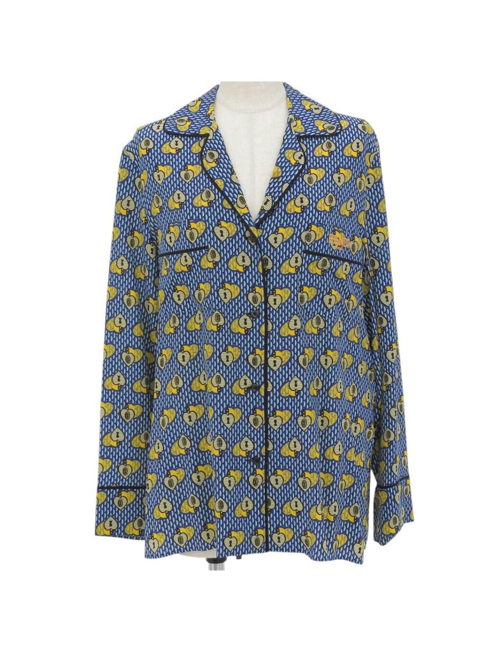 Fendi Silk 100% Logo Embroidery All Over Print Piping Open Collar Long Sleeve